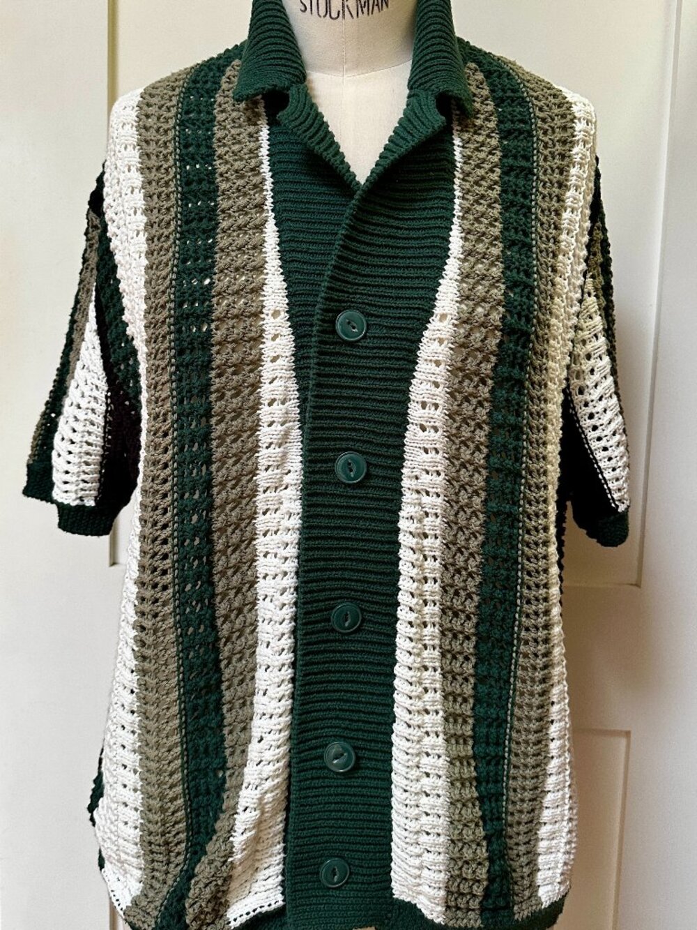BDG Urban Outfitters Polo Knit Green-White Stripe Button Up Short Slv Sz L NWOT